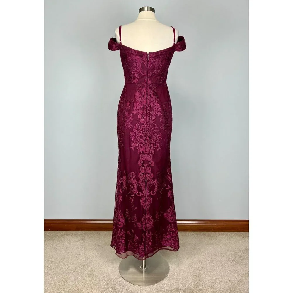 Off-Shoulder Burgundy Lace Maxi Dress - Picture 10 of 16